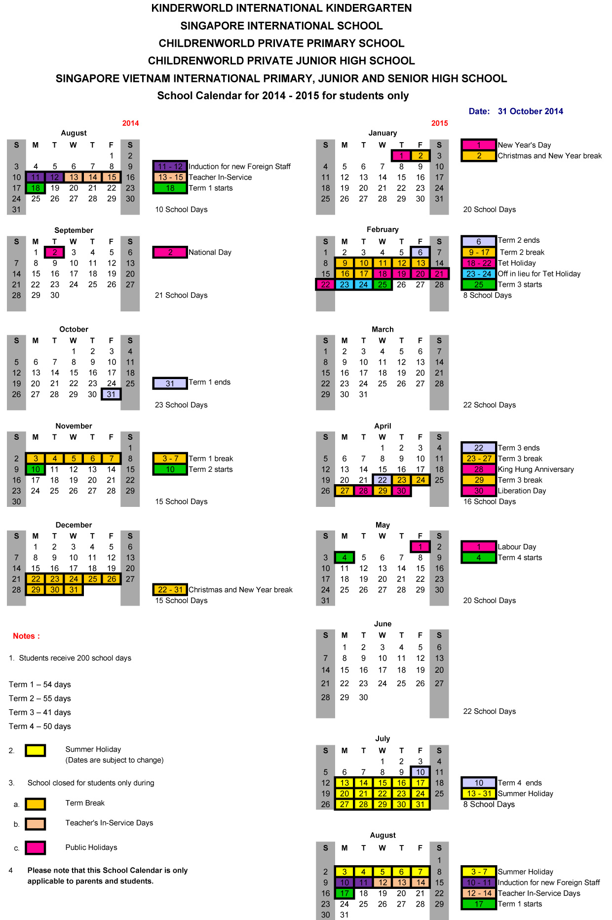 School Calendar Singapore International School Binh Duong New City